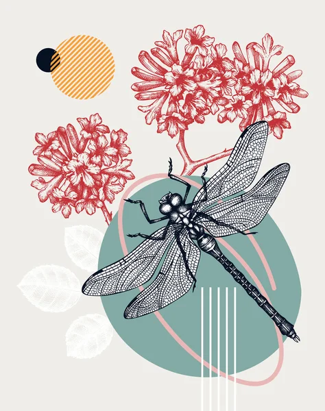 学院风格的蜻蜓病媒图解 粉红小号树上手绘的昆虫 时尚的设计与花卉 几何形状 抽象的元素 适用于印刷品 墙面艺术 — 图库矢量图片