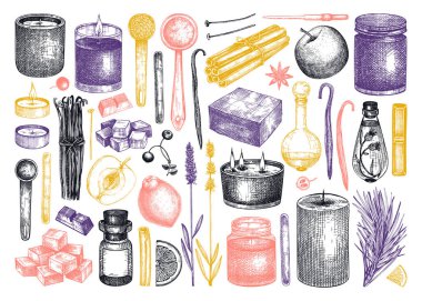 El yapımı aromatik mum malzemeleri koleksiyonu. Mum, balmumu, parfüm, renk ve şiş örnekleri. Aromateryal aromateryali, hobi, el işi, mum yapımı..