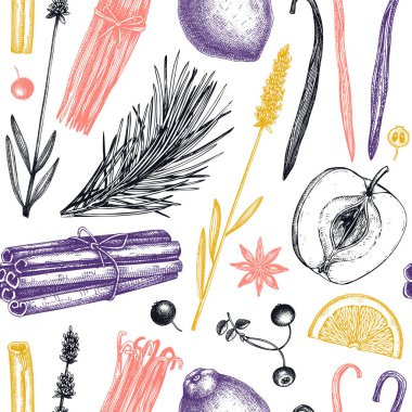 Aromatik mumlar arka plan oluşturur. Mum malzemeleri, balmumu ve güzel kokulu malzemeler içeren vektör arkaplanı. Aromaterapi, hygge evi ya da tatil dekorasyonu, meditasyon için kusursuz desen.