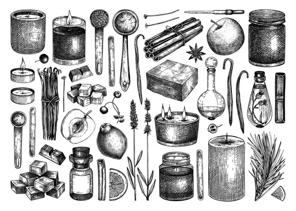Collezione Ingredienti Candele Aromatiche Disegnate Mano Illustrazioni Vettoriali Candele Cera — Vettoriale Stock