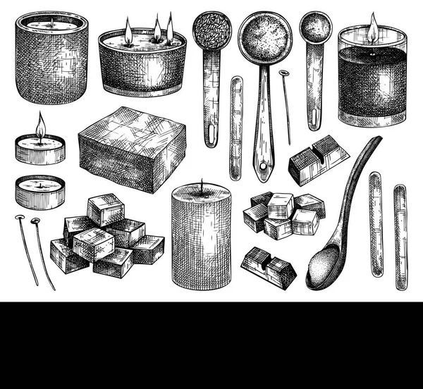 Handgeschetste Aromatische Kaarsen Ingrediënten Collectie Vector Illustraties Van Kaarsen Geur — Stockvector
