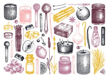 El yapımı aromatik mum malzemeleri koleksiyonu. Mum, balmumu, parfüm, renk, bitki ve şiş örnekleri. Aromateryal aromateryali, hobi, el işi, mum yapımı..