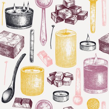 Aromatik mumlar arka plan oluşturur. Mum malzemeleri, balmumu ve güzel kokulu malzemeler içeren vektör arkaplanı. Aromaterapi, hygge evi ya da tatil dekorasyonu, meditasyon için kusursuz desen.