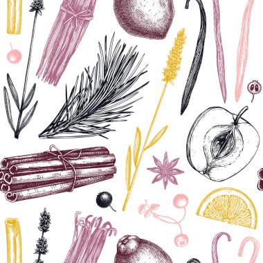 Aromatik bileşenler kusursuz desen. Mum, sabun, kozmetik ve parfüm üretimi için elle çizilmiş malzemeler içeren vektör arkaplan. Paket kağıdı, ambalaj, tekstil için doğal zemin.