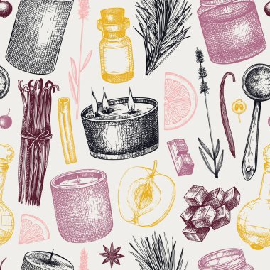 Aromatik mum bileşenleri pürüzsüz desen. Mum, sabun, kozmetik ve parfüm için elle çizilmiş malzemeler içeren vektör arkaplan. Paket kağıdı, ambalaj, tekstil için doğal zemin.