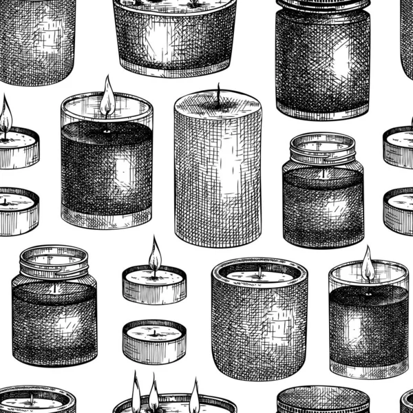 手绘的芳香蜡烛背景 向量无缝图案与老式罐子和容器 散发出香味的蜡烛背景 用于放松 芳香疗法 业余爱好 手工艺 蜡烛制作 — 图库矢量图片