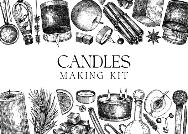 Handskizzierte Kerzen Zutaten Banner Vintage Kerzen Kräuter Wachs Früchte Gewürze — Stockvektor