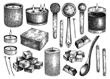 El yapımı aromatik mum malzemeleri koleksiyonu. Mum, balmumu, parfüm, renk, şiş örnekleri. Aromateryal aromateryali, hobi, el işi, mum yapımı..