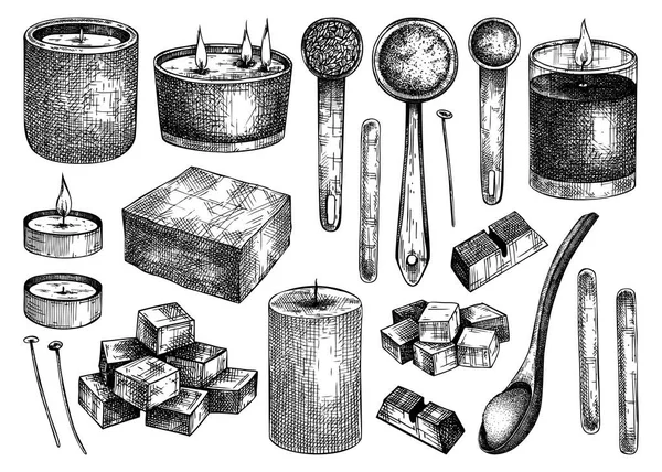 手绘香烛配料系列 斜的矢量图解 芳香疗法 业余爱好 手工艺 蜡烛制作的天然材料 — 图库矢量图片