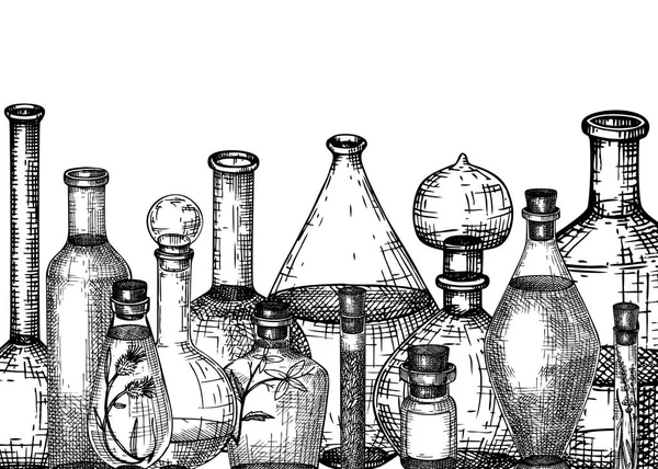 Equipamento Vidro Desenhado Mão Para Perfumaria Fabricação Cosméticos Produtos Químicos — Vetor de Stock