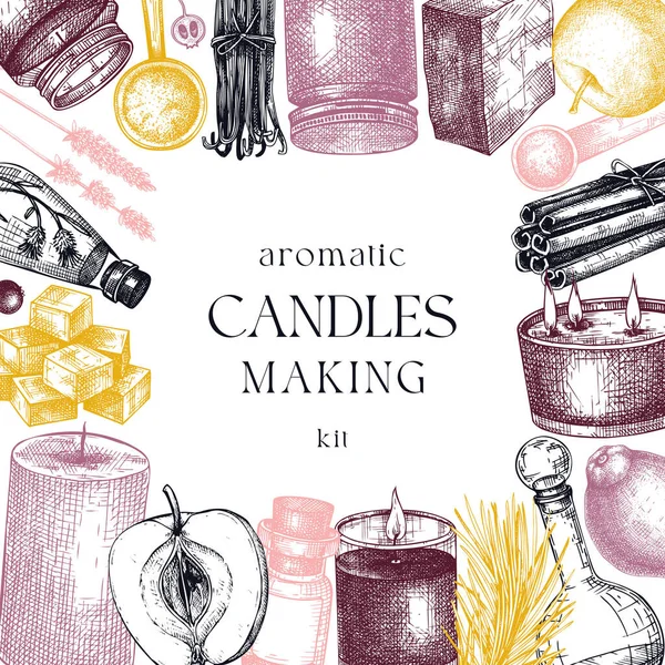Hand Sketched Candle Making Card Design Vintage Candles Herbs Wax — Stock Vector