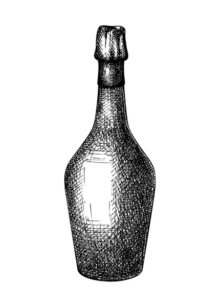 Elle Çizilmiş Şampanya Şişesi Çizimi Bardakta Alkollü Içeceğin Vektör Çizimi — Stok Vektör