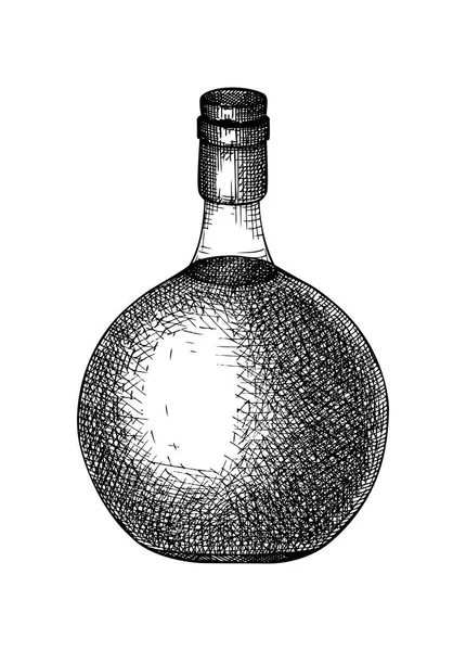 Ručně Načrtnuté Ilustrace Lahve Brandy Vektorový Náčrt Alkoholického Nápoje Sklenici — Stockový vektor