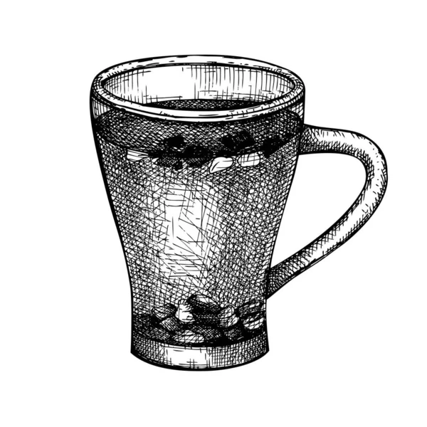 手工素描绿茶在玻璃杯插图 流行茶水的矢量草图在一个雅致的杯子里 绿叶饮料手绘 用于酒吧或餐馆菜单设计 与白色隔离 — 图库矢量图片