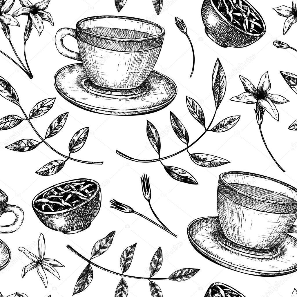 Jasmine tea seamless pattern. Vector background with sketched teacups, dried leaves, jasmine blossoms drawings. Green tea backdrop. Hot drinks design.
