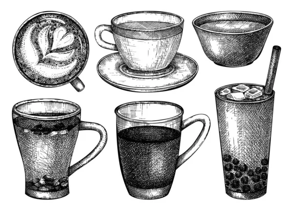 Hand Sketched Tea Mug Illustrations Vector Sketches Hot Drink Glass — Stock Vector