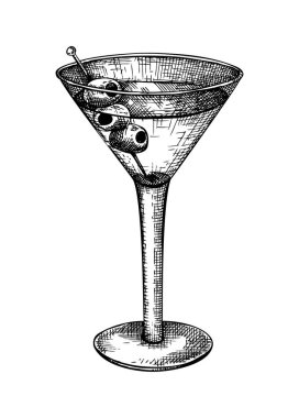 Zeytin resimli el yapımı martini bardağı. Beyaz arka planda izole edilmiş popüler içecek kasesinin vektör çizimi. Bar veya restoran menüsü tasarımı için koni camının alkolik çizimi.