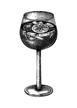 Elle çizilmiş şarap kadehi çizimi. Beyaz arka planda izole edilmiş popüler içeceğin vektör çizimi. Bar veya restoran menüsü tasarımı için meyveli sangria çizimi.