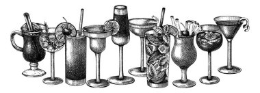 Elle çizilmiş kokteyl bardaklarıyla klasik tasarım. Alkollü içeceklerin vektör çizimleri. Popüler alkol kokteylleri ve el çizimleri. Bar veya restoran menüsü ve afişler için mükemmel