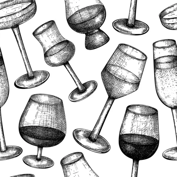 Bebidas Alcohólicas Patrón Sin Fisuras Esbozado Mano Bebidas Alcohólicas Vasos — Vector de stock