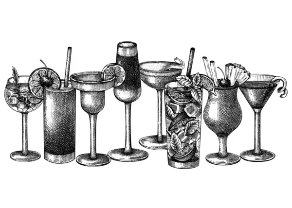 Handritad Cocktailillustration Vektorskisser Alkoholhaltiga Drycker Eleganta Glas Populär Alkohol Cocktails — Stock vektor