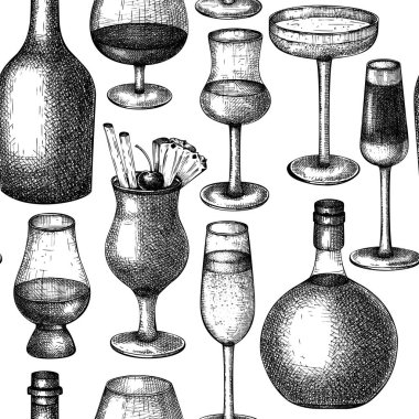 Alkollü içecekler kusursuz desenli. Elle çizilmiş alkolik içki bardakları ve şişe arka planı. Barda ya da restoran menüsünde popüler alkollü içecekler. Klasik bar tasarımı.