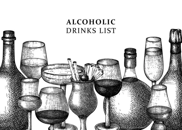 Fundo Vintage Com Bebidas Alcoólicas Desenhadas Mão Garrafas Vetor Design — Vetor de Stock