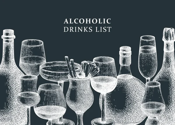 带有手工勾画的酒精饮料的复古背景 矢量瓶和玻璃杯手绘横幅设计 滑板上的酒吧或餐馆菜单的酒精饮料模板 — 图库矢量图片