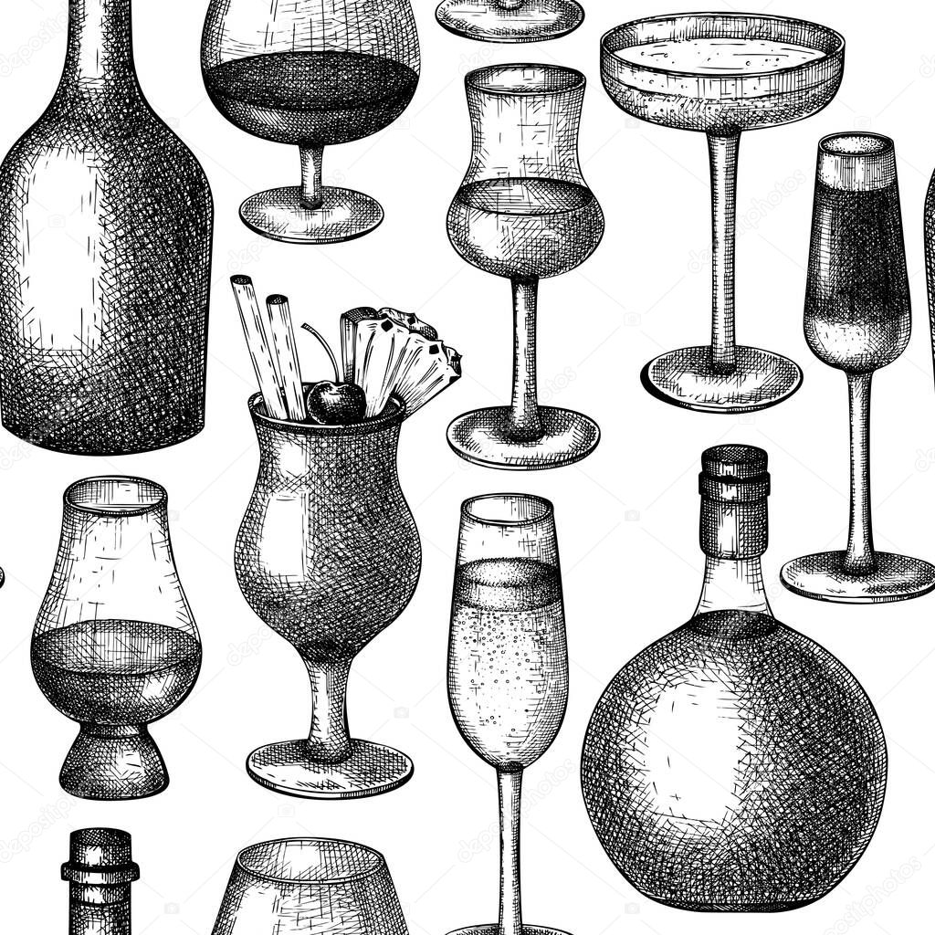 Alcoholic beverages seamless pattern. Hand-sketched alcoholic drinks glasses and bottles background. Popular alcohol drinks backdrop for bar or restaurant menu. Vintage bar design.