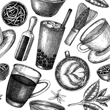 Elle çizilmiş çay içecekleri ve malzemeler kusursuz. Sıcak içecek bardaklı vektör arkaplanı, kurumuş yapraklar, yasemin çiçekleri çizimleri. Kafe veya restoran menüsü tasarımı için popüler çay arkaplanı