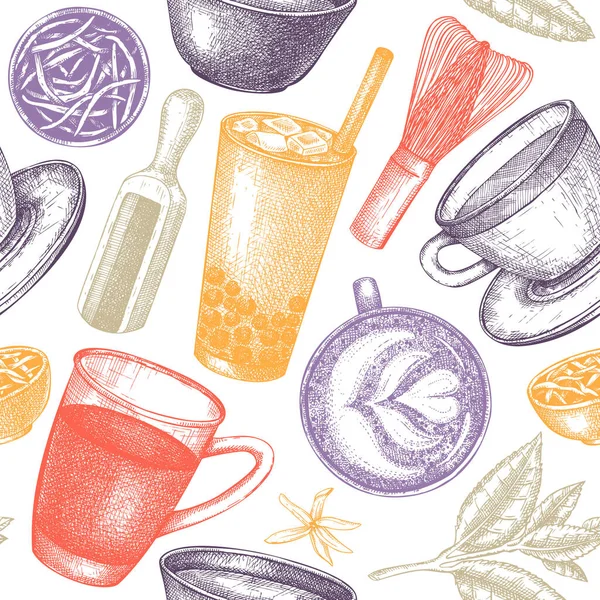 手描きのお茶ドリンクと具材のシームレスなパターン ホットドリンクカップ 乾燥葉 ジャスミンの花のスケッチとベクトル背景 カフェやレストランのメニューデザインで人気のお茶の背景 — ストックベクタ