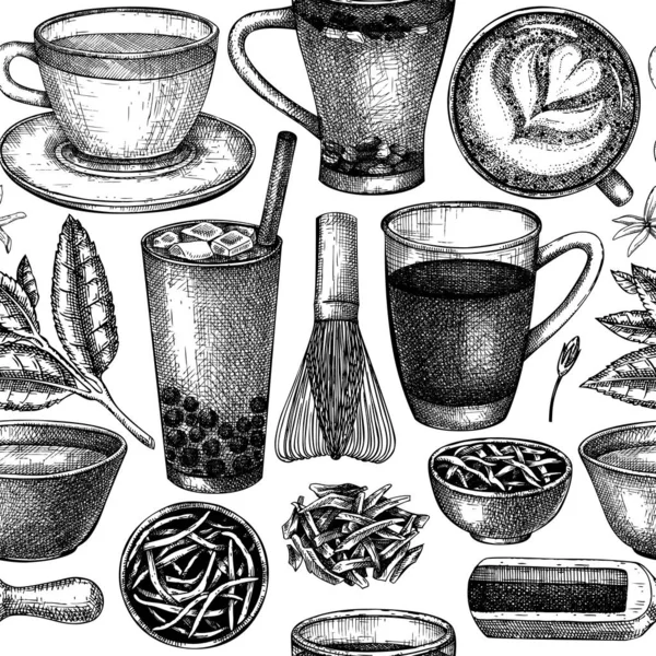 Bebidas Dibujadas Mano Ingredientes Patrón Sin Costuras Fondo Vectorial Con — Archivo Imágenes Vectoriales