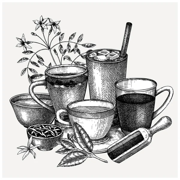 Bebidas Dibujadas Mano Ilustración Vintage Bocetos Vectoriales Tazas Bebidas Calientes — Archivo Imágenes Vectoriales