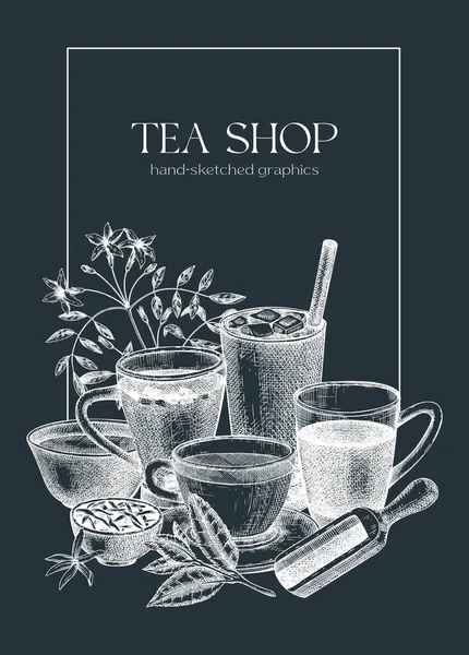 Vintage Κάρτα Πρότυπο Πρόσκλησης Ζωγραφισμένα Στο Χέρι Τσάι Ποτά Εικόνα — Διανυσματικό Αρχείο