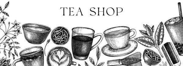 Hand Sketched Tea Drinks Ingredients Banner Color Vector Sketches Hot — Stock Vector