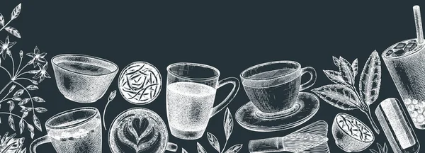 Hand Sketched Tea Drinks Ingredients Banner Chalkboard Vector Sketches Hot — Stock Vector