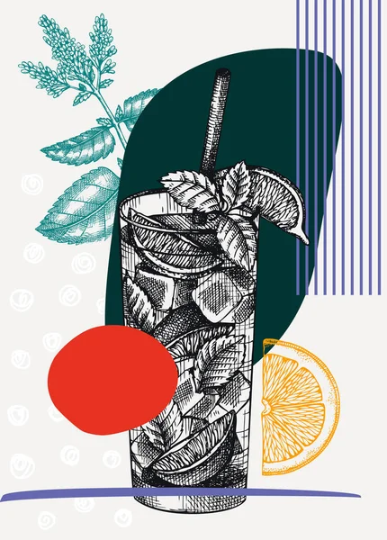 Collage Stil Mojito Cocktail Vektor Illustration Handskizzierte Zeichnung Alkoholischer Getränke — Stockvektor