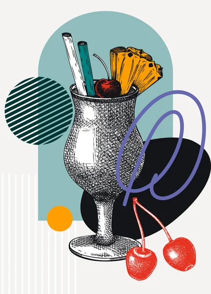 Illustrazione Vettoriale Cocktail Pina Colada Stile Collage Bevanda Alcolica Disegnata — Vettoriale Stock