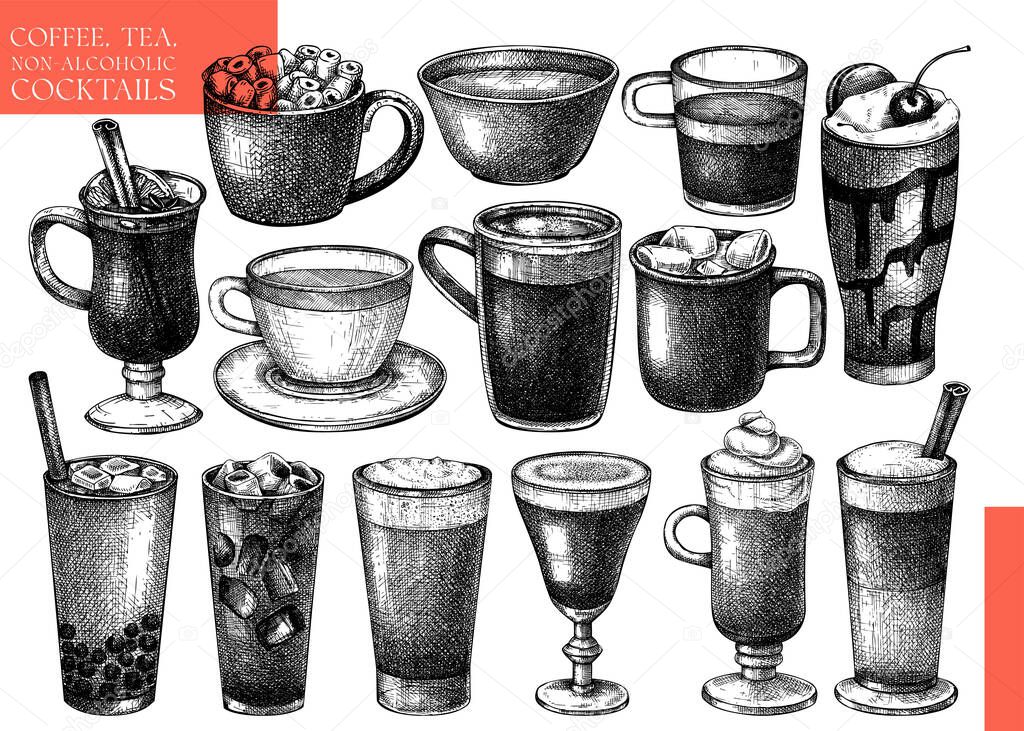 Vector collection of glass ware with hot drinks. Hand-sketched tea, mulled wine, coffee, hot chocolate glasses, mugs, cups. Popular beverages illustrations for brands, bar menu, packaging, web. 