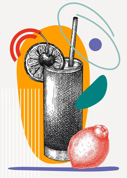 Estilo Colagem Tequila Sunrise Cocktail Illustration Vetor Moda Com Bebida — Vetor de Stock