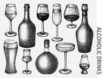 Alkolik bardaklar ve şişeler el çizimi. El yapımı içecekler hazır. Şarap, şampanya, brendi, viski koleksiyonu. Beyaz arkaplanda izole edilmiş klasik içki vektör illüstrasyonu