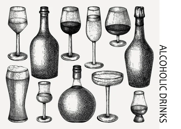 Álcool Bebe Copos Garrafas Desenho Mão Conjunto Bebidas Mão Vinho — Vetor de Stock