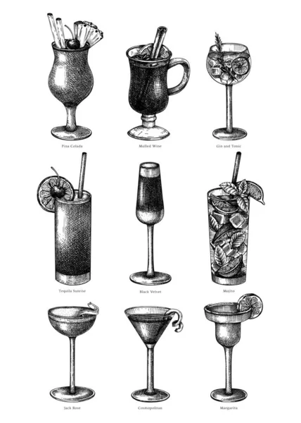 Handritade Cocktailillustrationer Vektorskiss Alkoholhaltiga Drycker Eleganta Glasögon Populär Alkohol Cocktails — Stock vektor