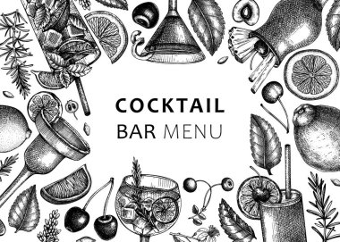 Alkolik kokteyl geçmişi. Bir bardak margarita, mojito, Pina colada, cosmopolitan, tekila gündoğumu afişi tasarımı. Elle çizilmiş kokteyl çerçevesi. İzole edilmiş siyah-beyaz vektör içecekleri çizimi