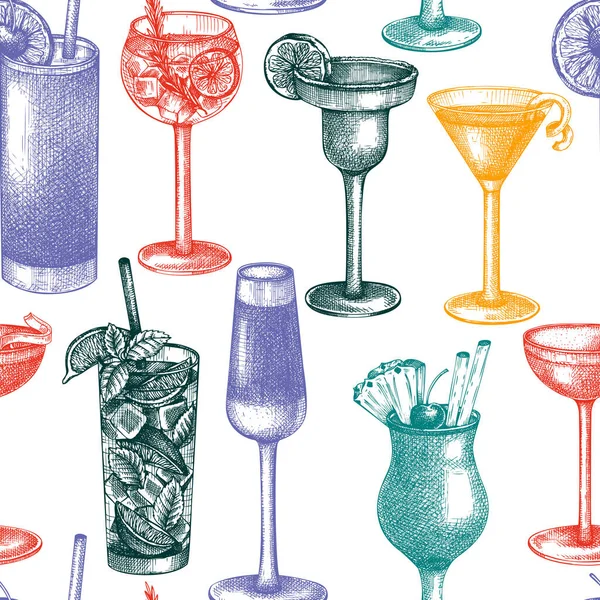 Alkoholische Cocktails Nahtloses Muster Handskizzierte Gläser Mit Alkoholischen Getränken Hintergrund — Stockvektor