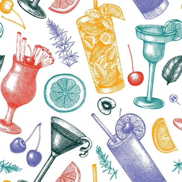 Alcoholic Cocktails Seamless Pattern Hand Sketched Alcoholic Drinks Glasses Background — Stock Vector