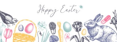 Paskalya bayrağı tasarımı. Bahar çiçekleri, yumurtalar ve tavşan el çizimleri. El çizimi botanik arka plan. Bahar bitkileri ve hayvanların çizimleri. Vektör Paskalya arkaplanı