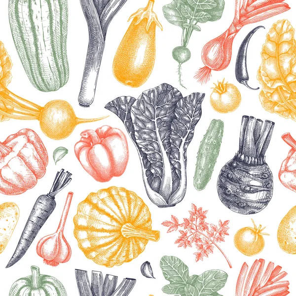 Hand Sketched Vegetable Seamless Pattern Vector Background Healthy Food Elements — Stock Vector