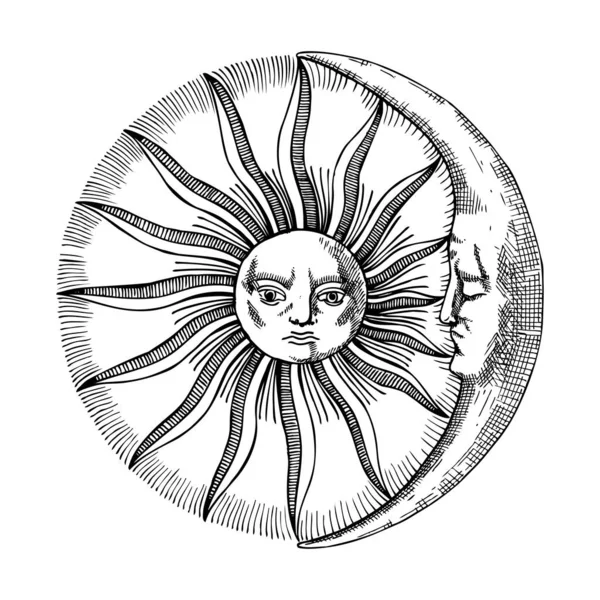 Jahrgangssonne Und Mondsichel Mit Gesichtszusammensetzung Esoterische Symbole Der Sonne Alchemistische — Stockvektor