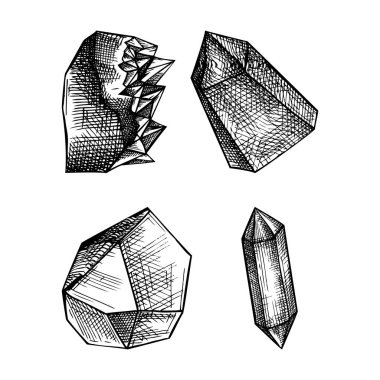 Mozaik desenli el yapımı kristal çizimi. Gerçekçi nesneler - elmas şekiller, kristaller, eski mücevherler.